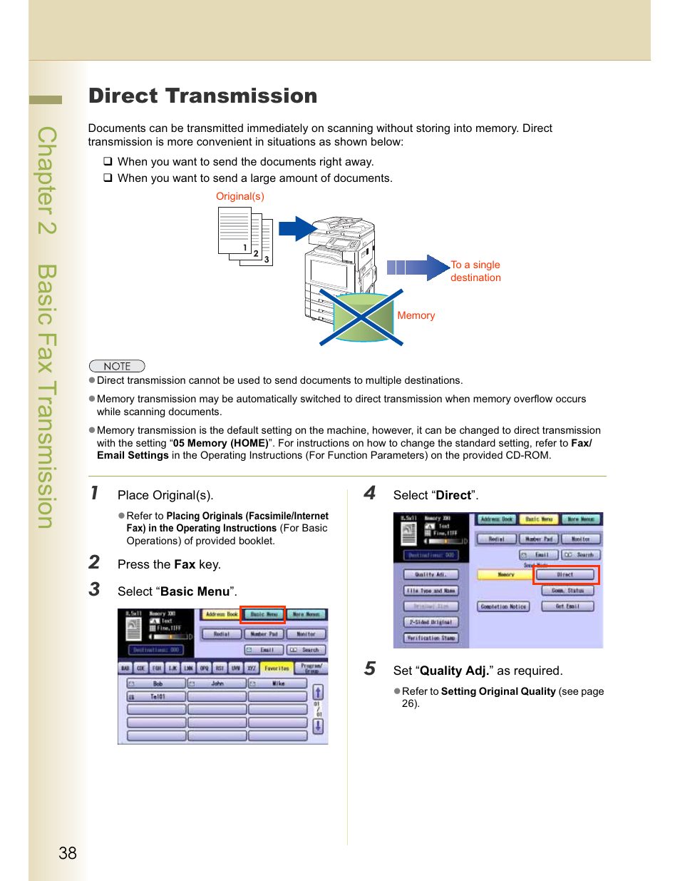 Chapter 2 basic fax transmission, Direct transmission | Panasonic WORKIO DP-C262 User Manual | Page 38 / 148