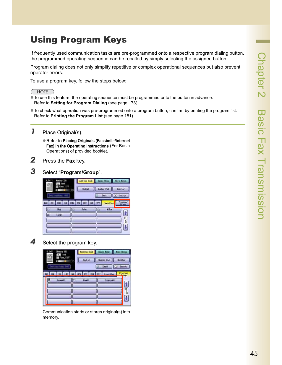 Chapter 2 basic fax transmission, Using program keys | Panasonic WORKIO DP-C262 User Manual | Page 45 / 148