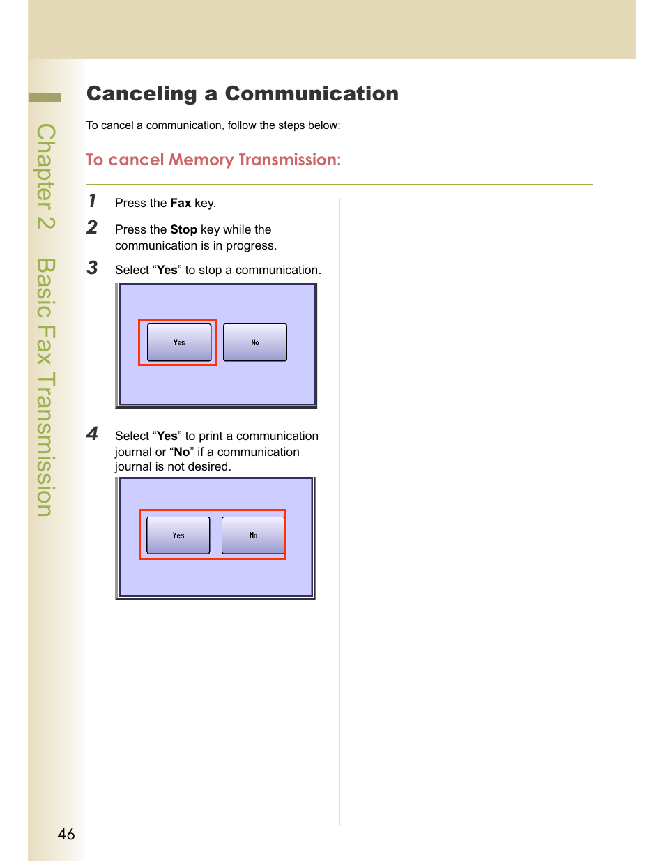 Chapter 2 basic fax transmission, Canceling a communication | Panasonic WORKIO DP-C262 User Manual | Page 46 / 148