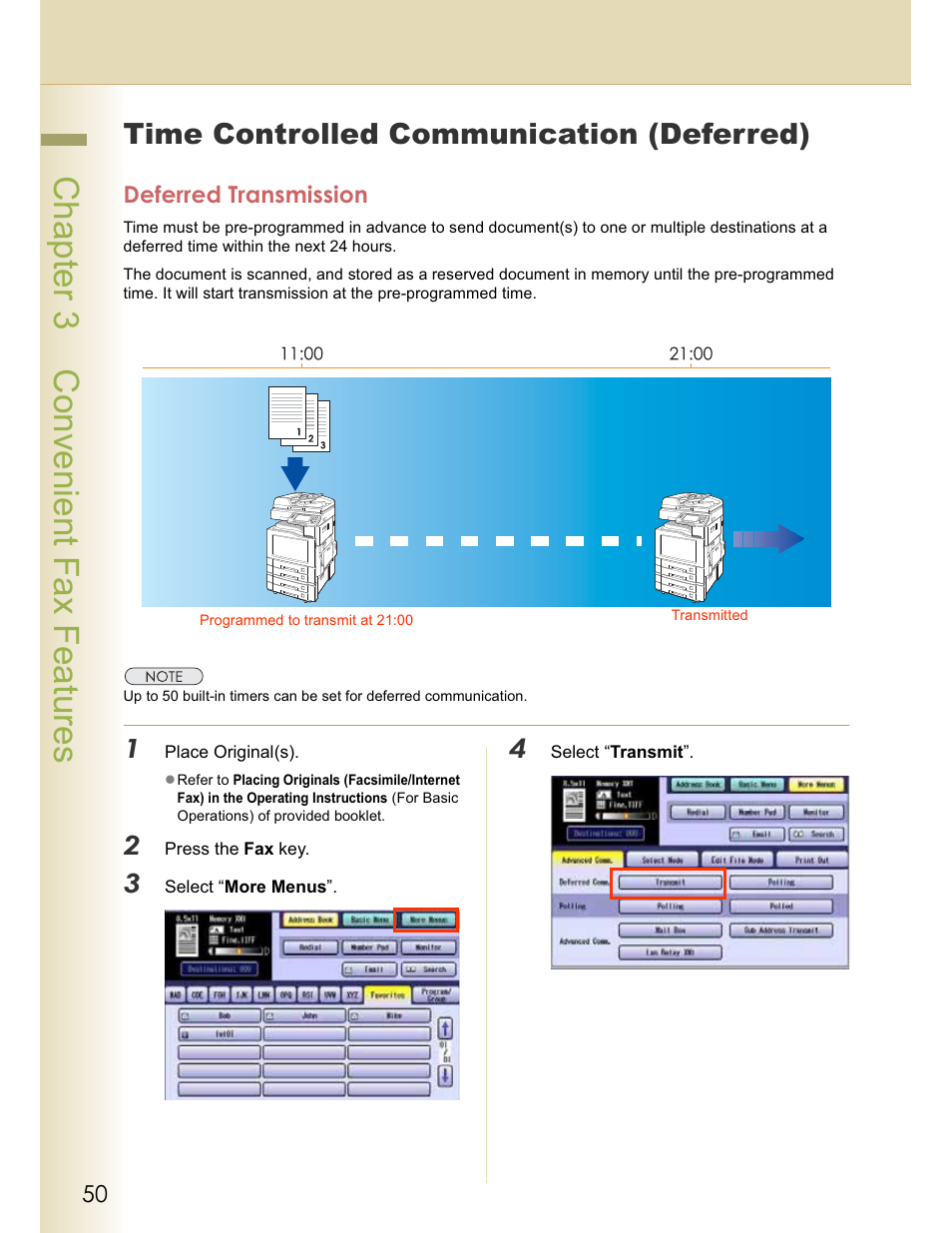 Chapter 3 convenient fax features, Time controlled communication (deferred), Deferred transmission | Panasonic WORKIO DP-C262 User Manual | Page 50 / 148