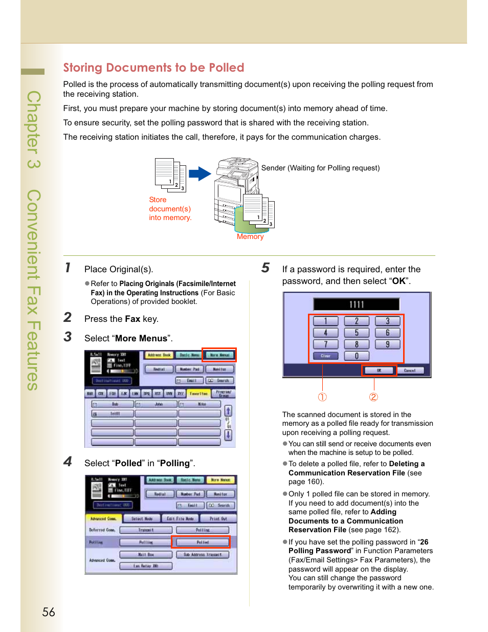 Chapter 3 convenient fax features, Storing documents to be polled | Panasonic WORKIO DP-C262 User Manual | Page 56 / 148