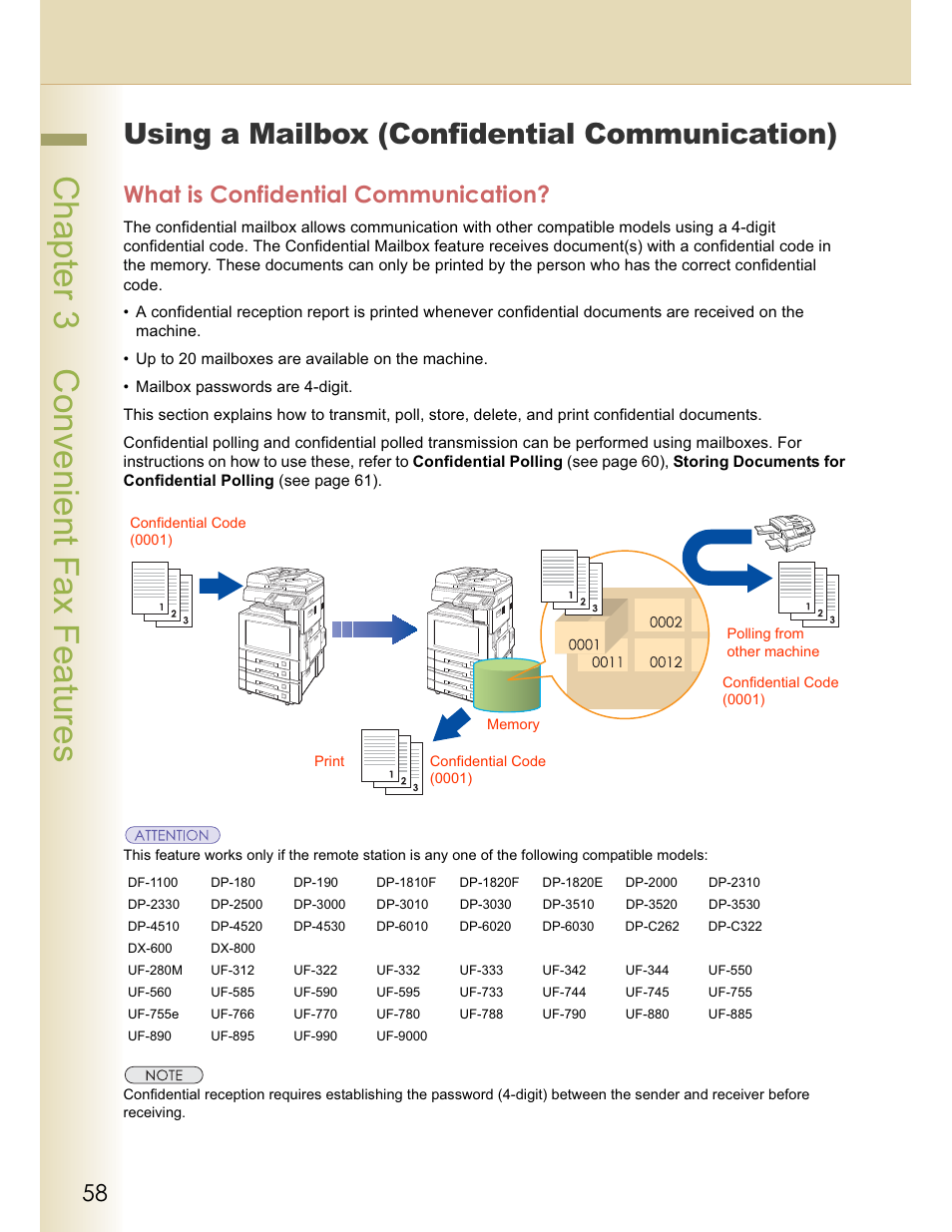 Chapter 3 convenient fax features, Using a mailbox (confidential communication), What is confidential communication | Panasonic WORKIO DP-C262 User Manual | Page 58 / 148