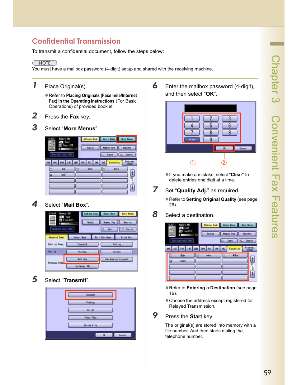 Chapter 3 convenient fax features, Confidential transmission | Panasonic WORKIO DP-C262 User Manual | Page 59 / 148