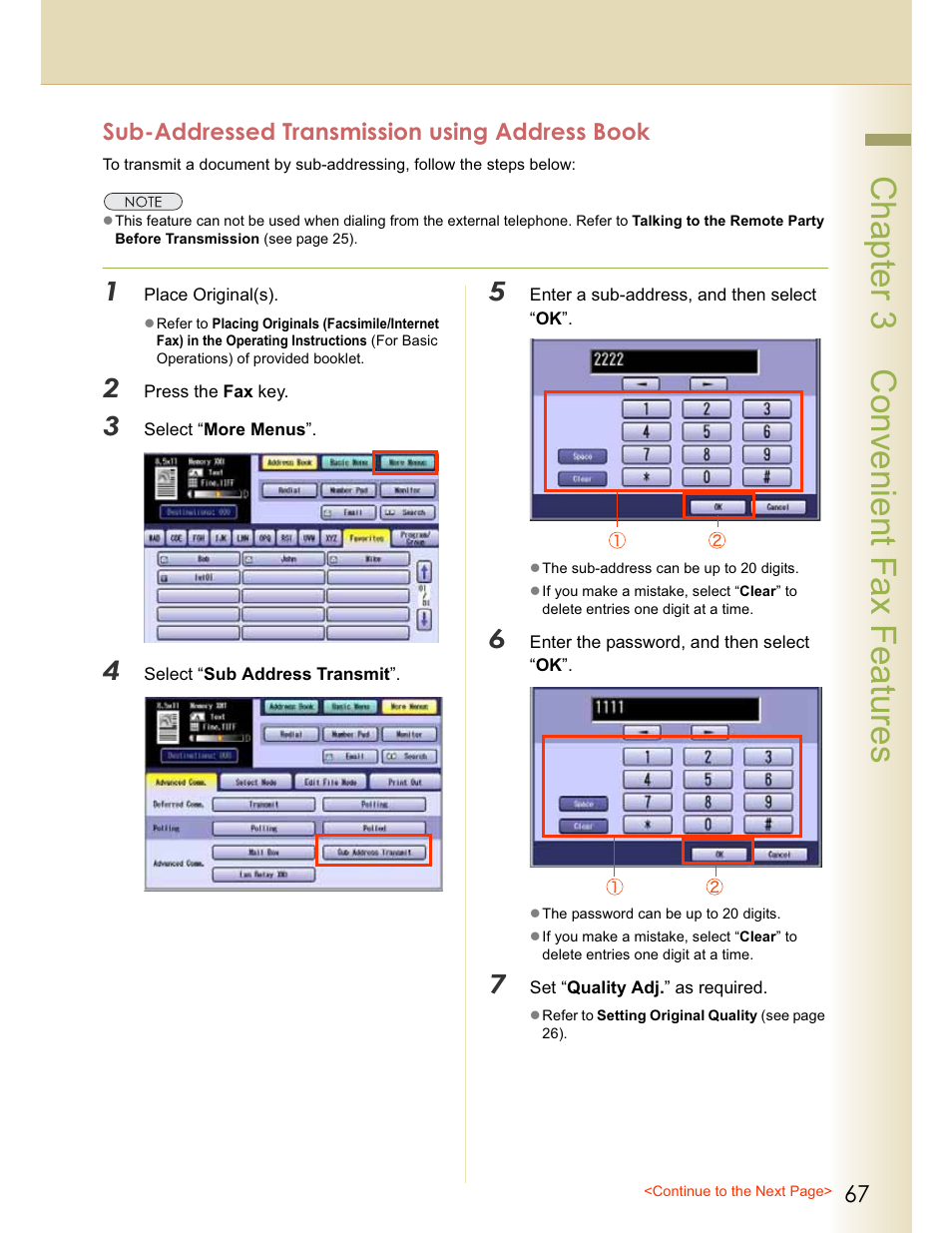 Chapter 3 convenient fax features, Sub-addressed transmission using address book | Panasonic WORKIO DP-C262 User Manual | Page 67 / 148