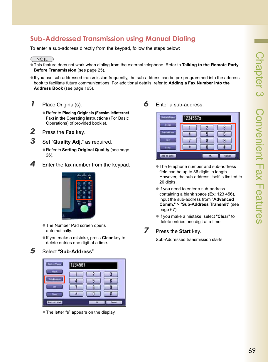 Chapter 3 convenient fax features, Sub-addressed transmission using manual dialing | Panasonic WORKIO DP-C262 User Manual | Page 69 / 148