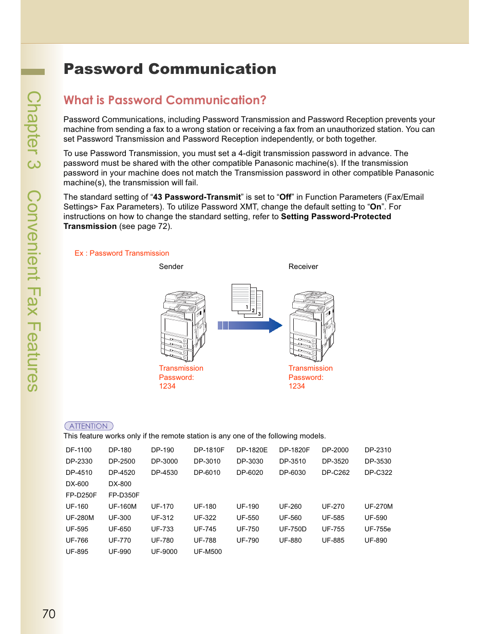 Chapter 3 convenient fax features, Password communication, What is password communication | Panasonic WORKIO DP-C262 User Manual | Page 70 / 148