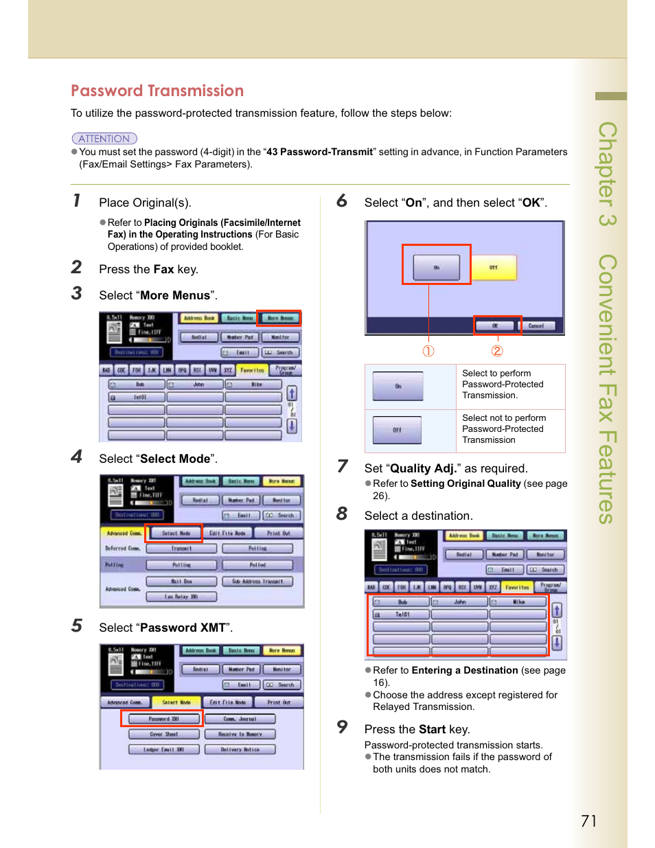 Chapter 3 convenient fax features, Password transmission | Panasonic WORKIO DP-C262 User Manual | Page 71 / 148