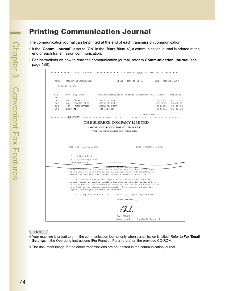 Chapter 3 convenient fax features, Printing communication journal, The slerexe company limited | Panasonic WORKIO DP-C262 User Manual | Page 74 / 148