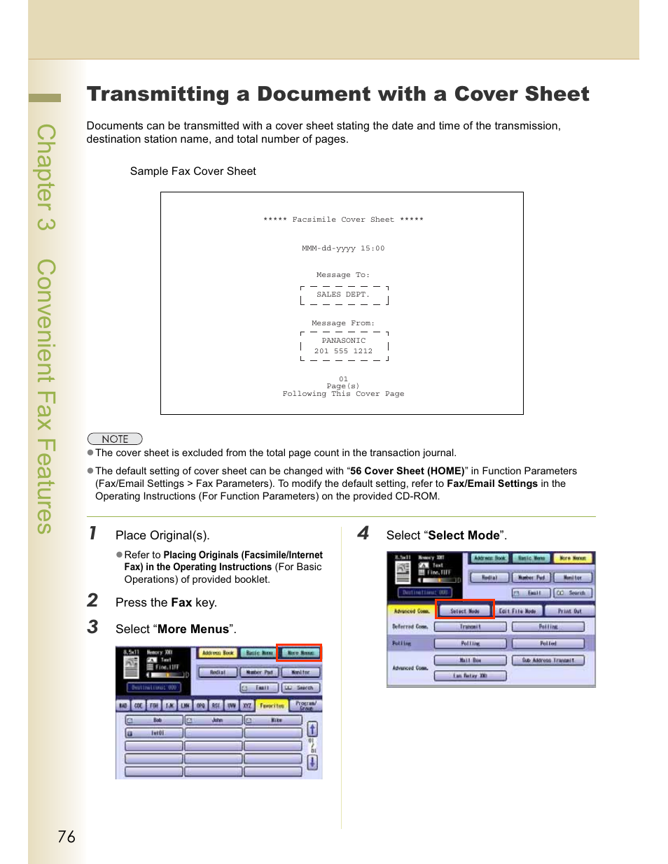 Chapter 3 convenient fax features, Transmitting a document with a cover sheet | Panasonic WORKIO DP-C262 User Manual | Page 76 / 148