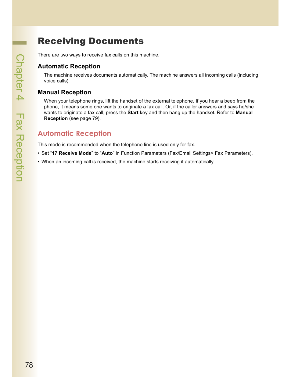 Chapter 4 fax reception, Receiving documents, Automatic reception | Panasonic WORKIO DP-C262 User Manual | Page 78 / 148