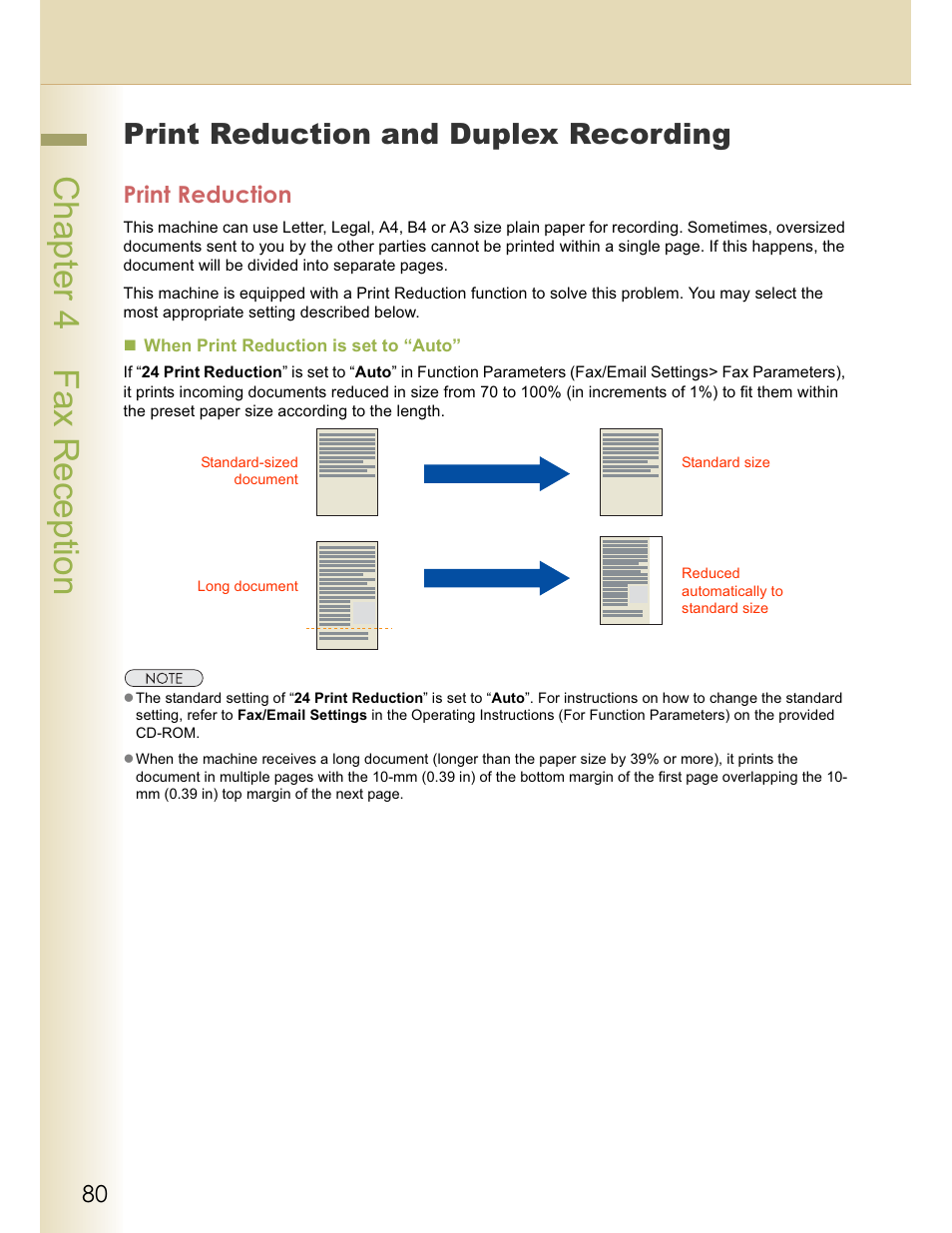 Chapter 4 fax reception, Print reduction and duplex recording, Print reduction | Panasonic WORKIO DP-C262 User Manual | Page 80 / 148