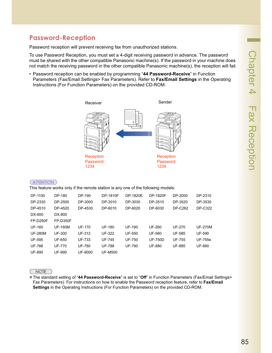 Chapter 4 fax reception, Password-reception | Panasonic WORKIO DP-C262 User Manual | Page 85 / 148