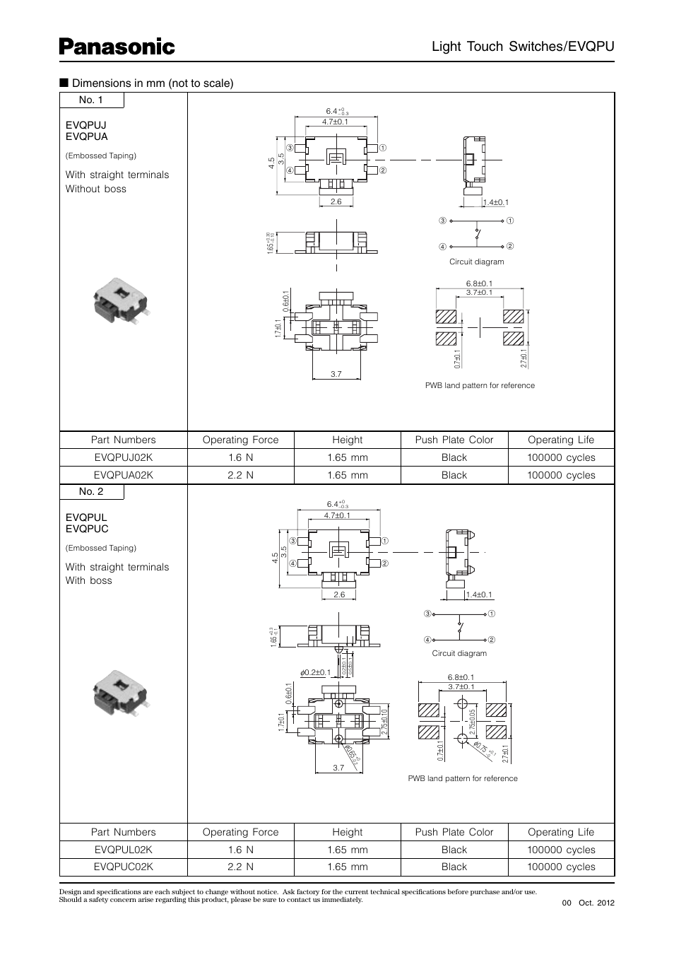 Light touch switches/evqpu, Dimensions in mm (not to scale) | Panasonic EVQPU User Manual | Page 2 / 4