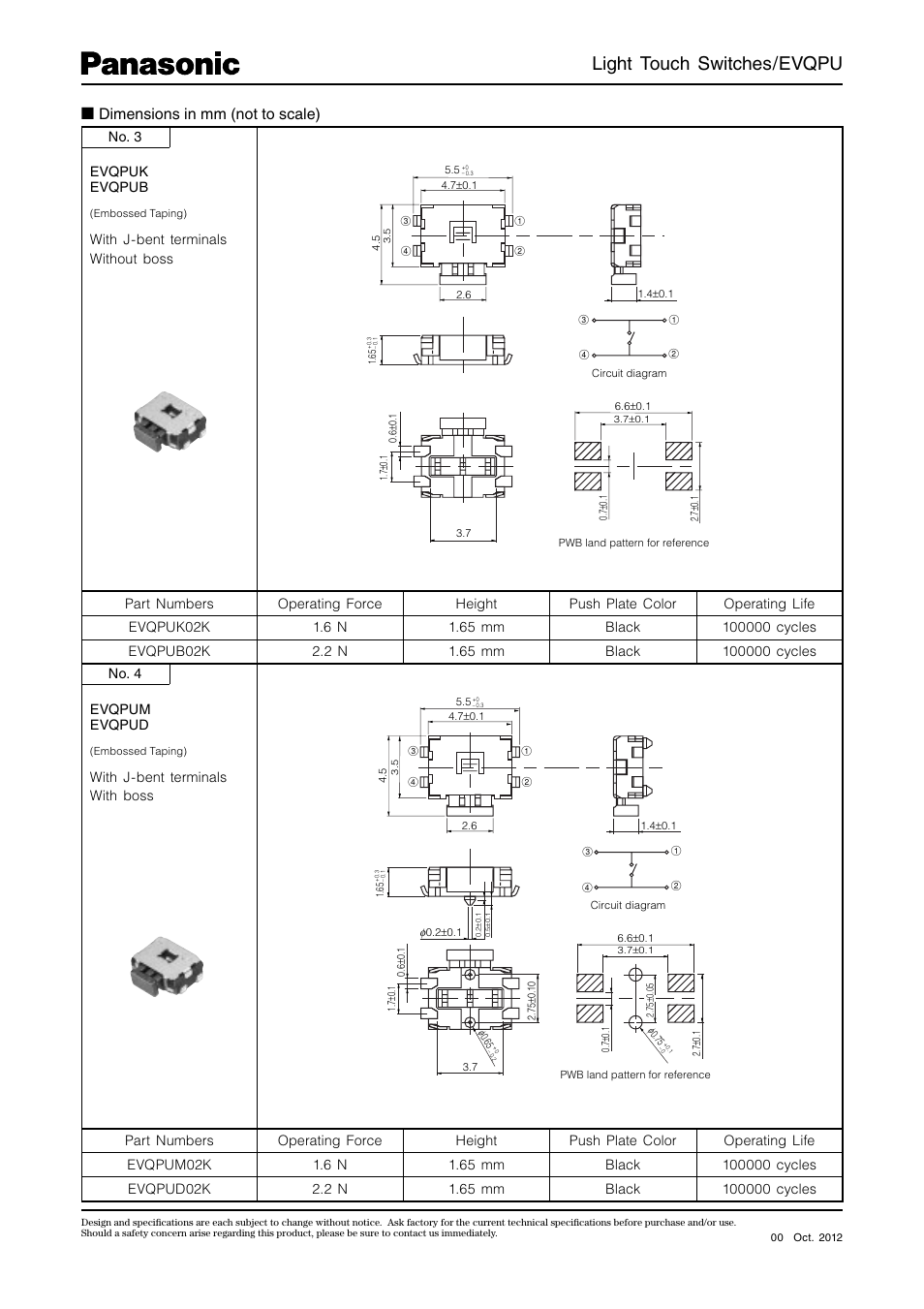 Light touch switches/evqpu, Dimensions in mm (not to scale) | Panasonic EVQPU User Manual | Page 3 / 4