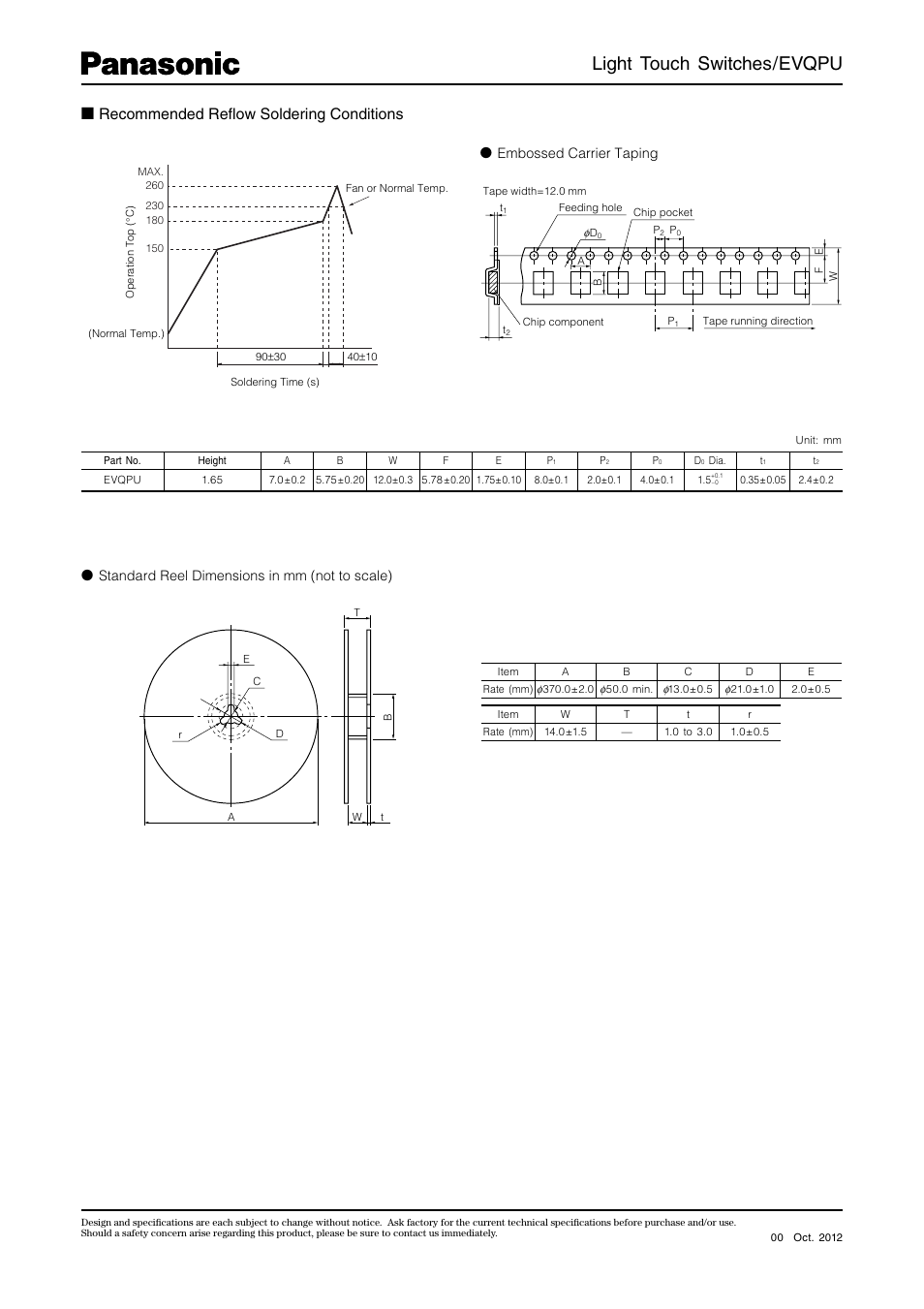 Light touch switches/evqpu, Recommended refl ow soldering conditions | Panasonic EVQPU User Manual | Page 4 / 4