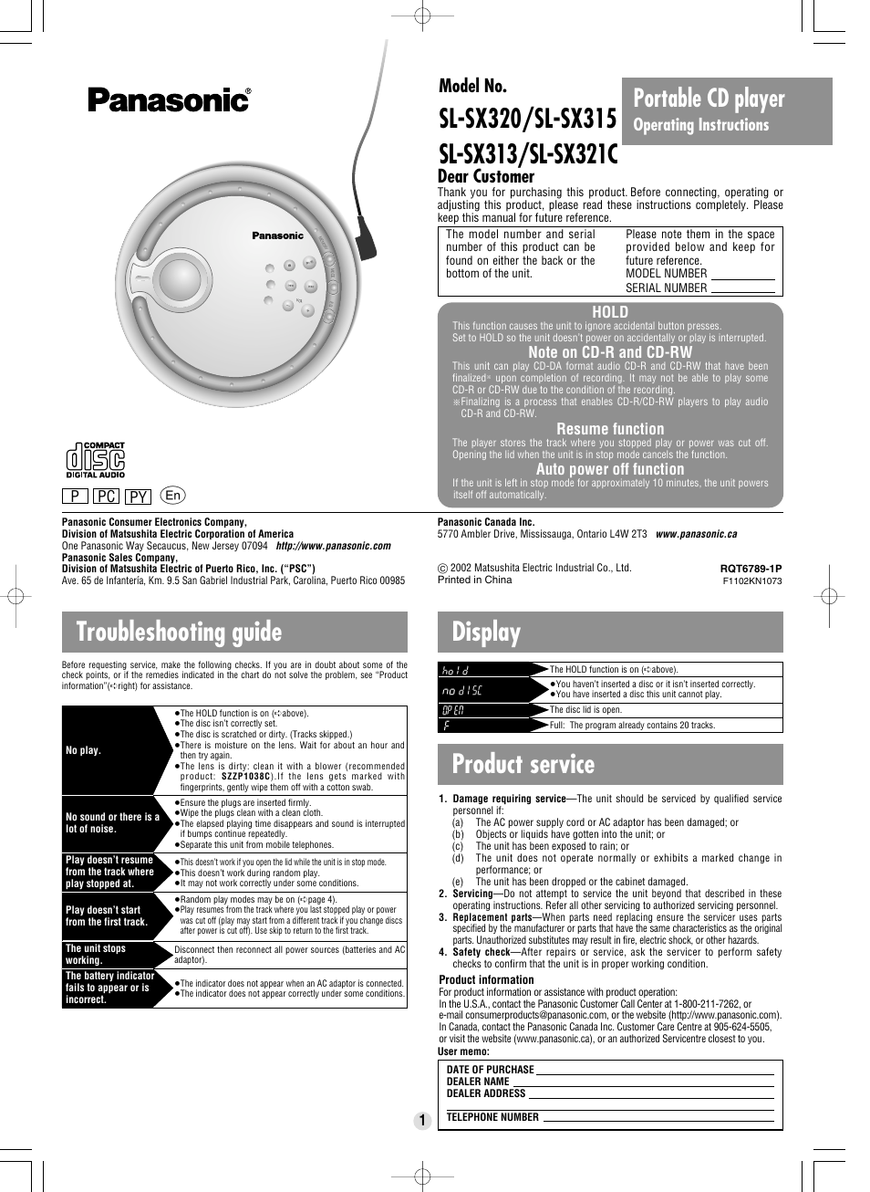 Panasonic SL-SX313 User Manual | 4 pages