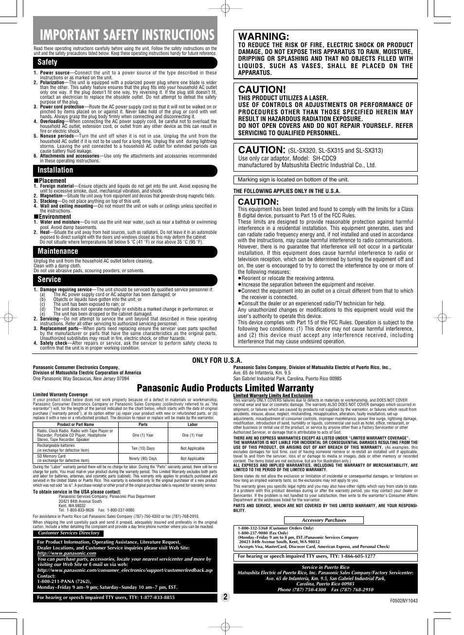 Important safety instructions, Caution, Warning | Panasonic audio products limited warranty, Safety installation maintenance service | Panasonic SL-SX313 User Manual | Page 2 / 4
