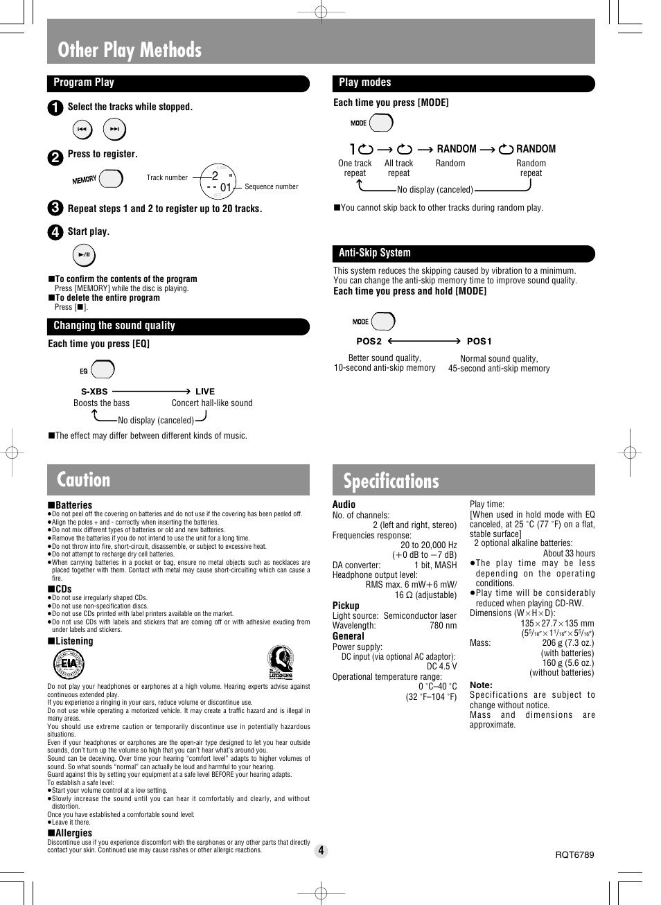 Other play methods, Specifications, Caution | Panasonic SL-SX313 User Manual | Page 4 / 4