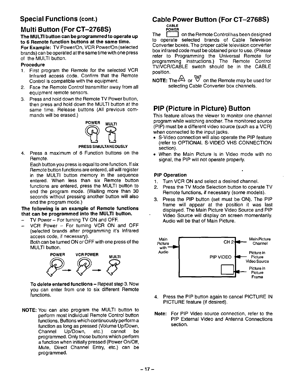 Multi button (for ct-2768s), Cable power button (for ct-2768s), Pip (picture in picture) button | Pip operation, Cable button (for ct-2768s), Special functions | Panasonic CT-27G22 User Manual | Page 17 / 36