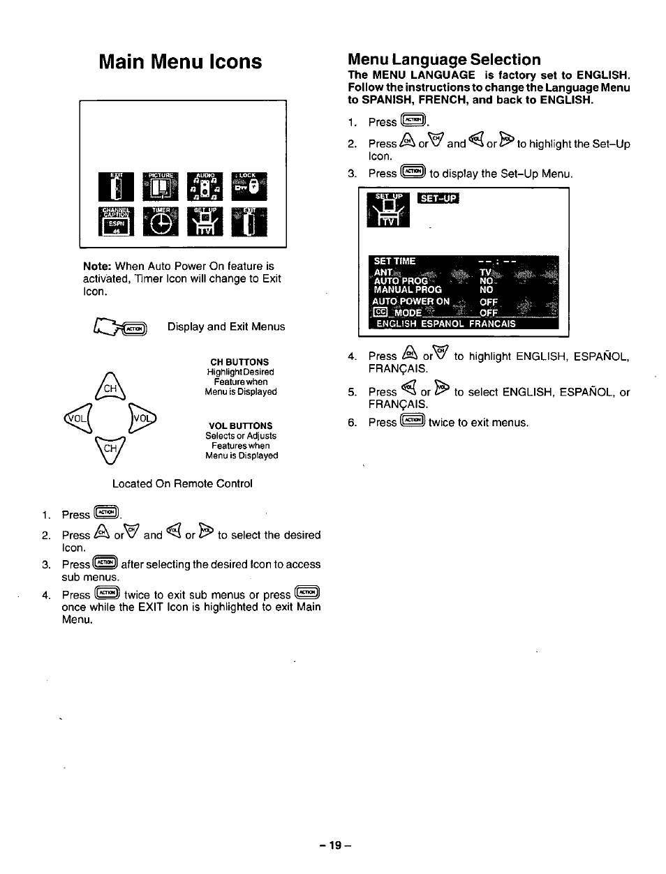 Menu language selection, Main menu icons | Panasonic CT-27G22 User Manual | Page 19 / 36