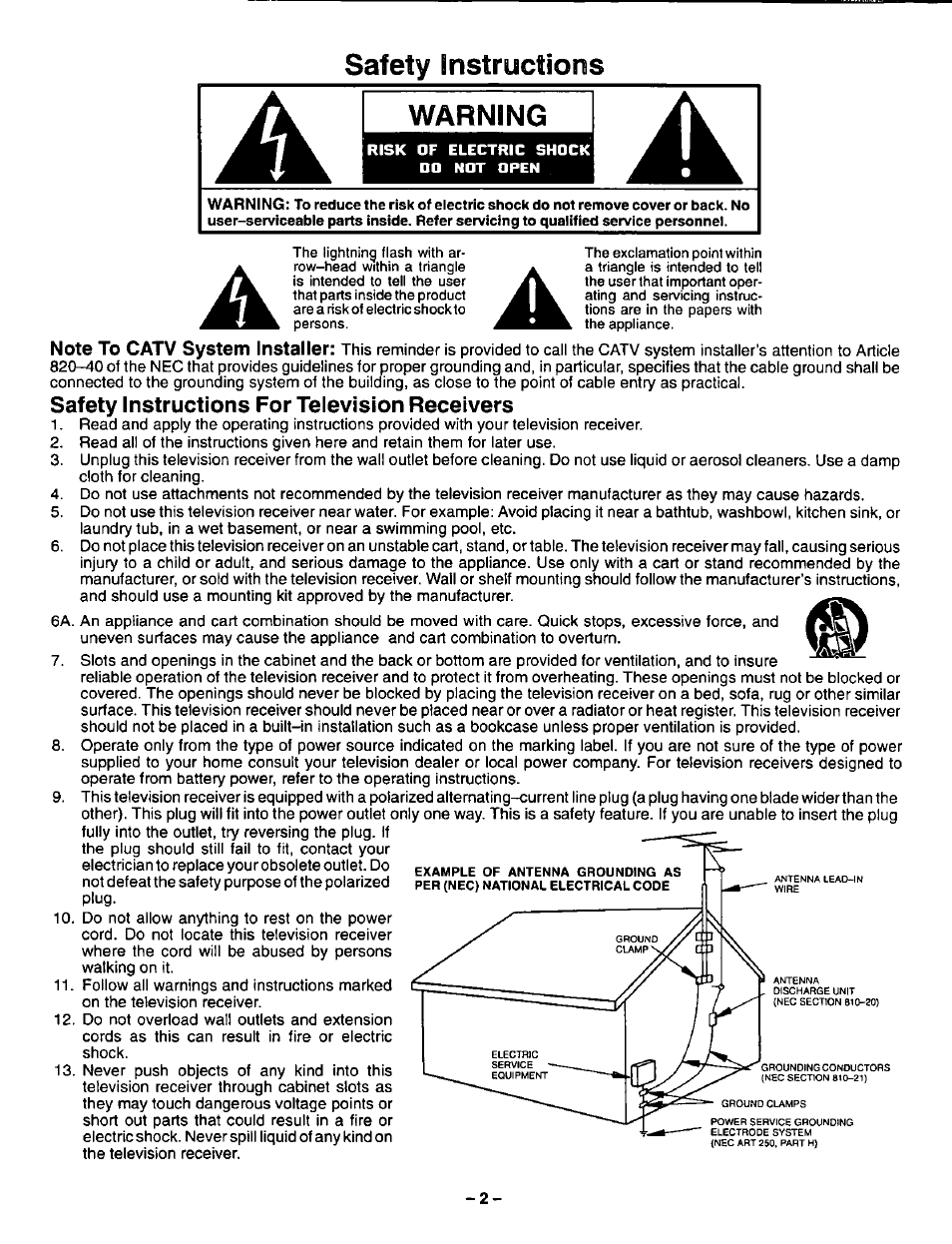 Safety instructions, Warning, Safety instructions for television receivers | Safety instructions warning | Panasonic CT-27G22 User Manual | Page 2 / 36