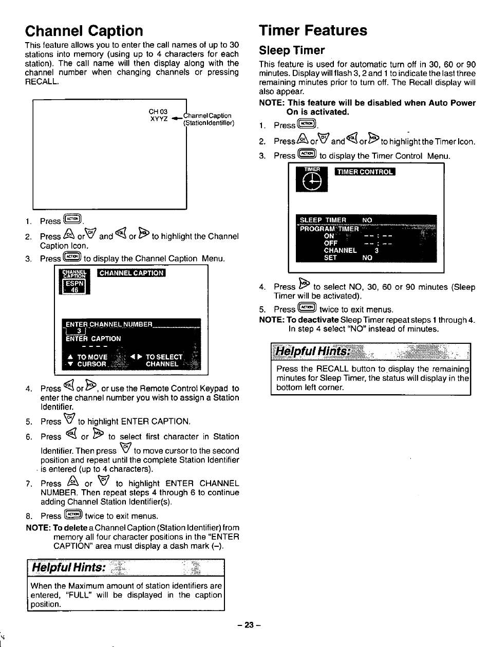 Sleep timer, Channel caption, Timer features | Hiblpful hints, W^lpful hints | Panasonic CT-27G22 User Manual | Page 23 / 36