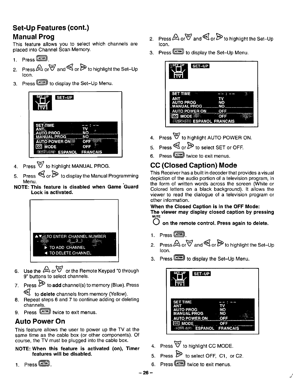 Set-up features (cont.), Manual prog, Auto power on | Cc (closed caption) mode, Manual prog auto power on cc (closed caption) mode, Set-up features (cont.) manual prog | Panasonic CT-27G22 User Manual | Page 26 / 36