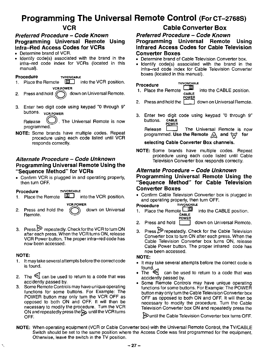 Note, Cable converter box, Procedure | Panasonic CT-27G22 User Manual | Page 27 / 36