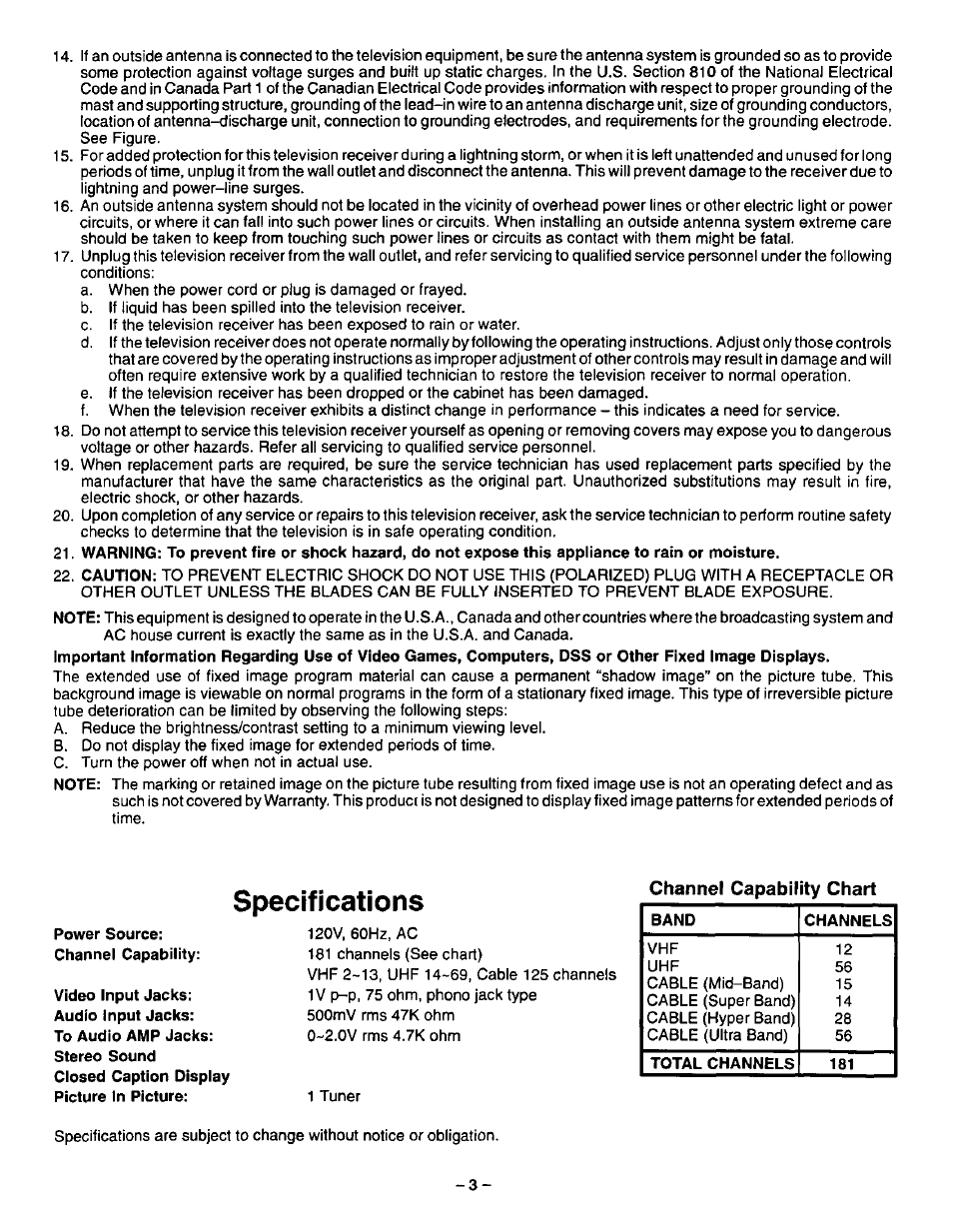 Specifications, Channel capability chart | Panasonic CT-27G22 User Manual | Page 3 / 36