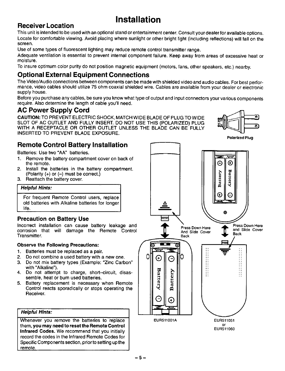Installation, Receiver location, Optional external equipment connections | Ac power supply cord, Remote control battery installation, Precaution on battery use, 0 © 0 '0 w p, Fd b tu 4j, Pq 0 © ' j—u | Panasonic CT-27G22 User Manual | Page 5 / 36