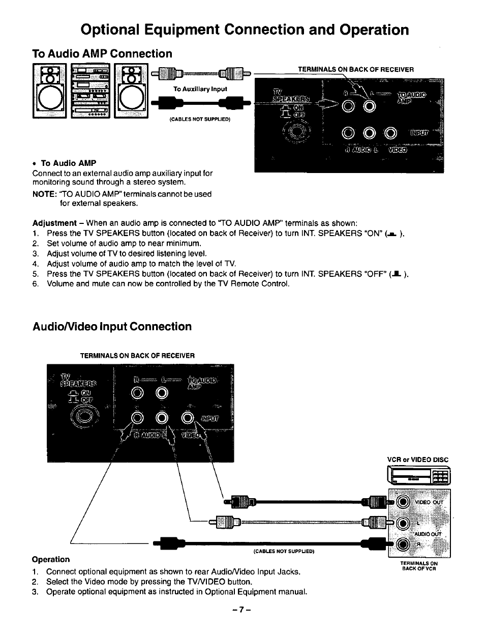 Optional equipment connection and operation, To audio amp connection, To audio amp | Audioa^ideo input connection, Audioa/ideo input connection | Panasonic CT-27G22 User Manual | Page 7 / 36
