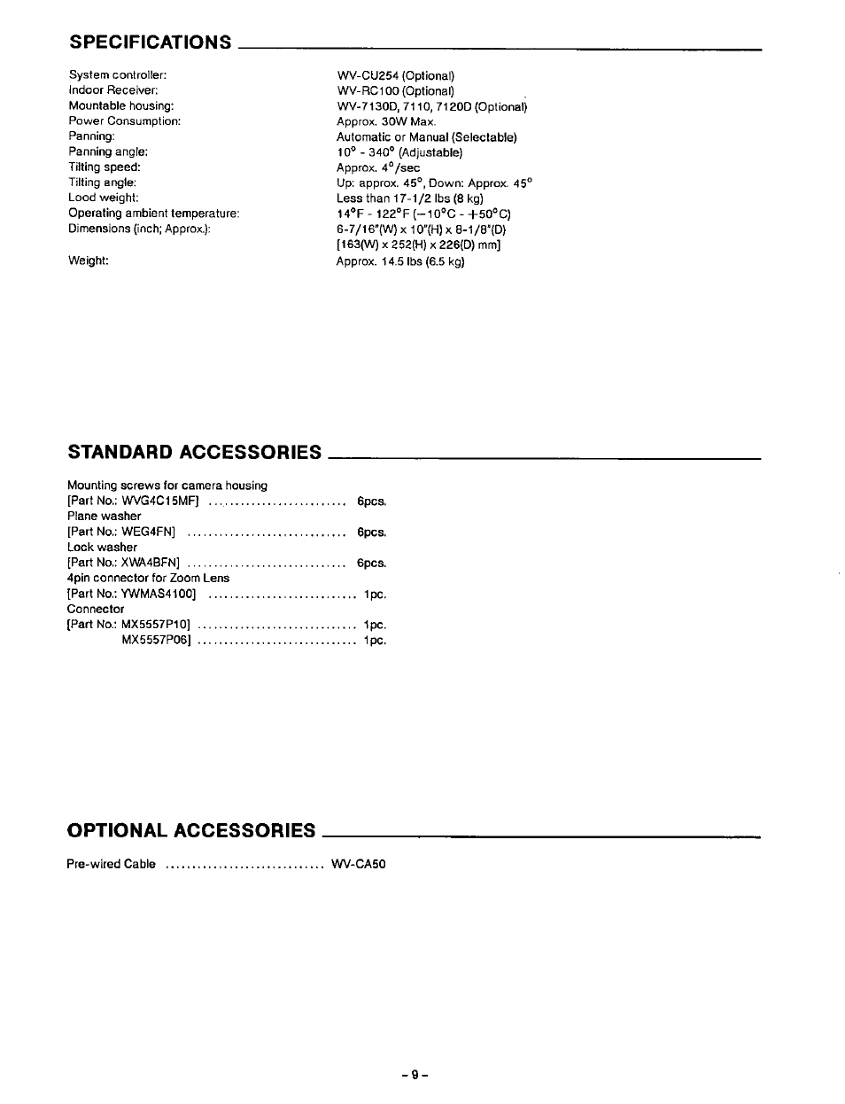 Specifications, Standard accessories, Optional accessories | Panasonic WV-7230D User Manual | Page 10 / 12