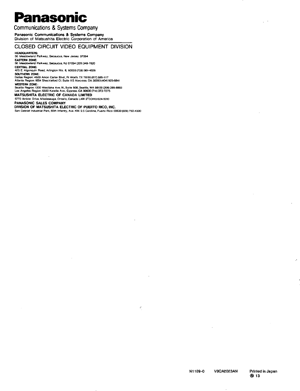 Closed circuit video equipment division, Panasonic, Communications & systems company | Panasonic WV-7230D User Manual | Page 12 / 12