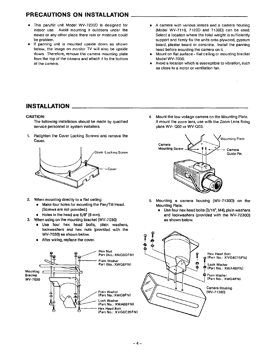 Precautions on installation, Installation | Panasonic WV-7230D User Manual | Page 5 / 12