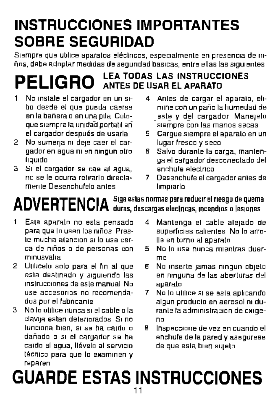 Guarde estas instrucciones, Advertencia, Peligro | Instrucciones importantes sobre seguridad | Panasonic Wet/Dry Rechargeable Shaver ES8056 User Manual | Page 11 / 17