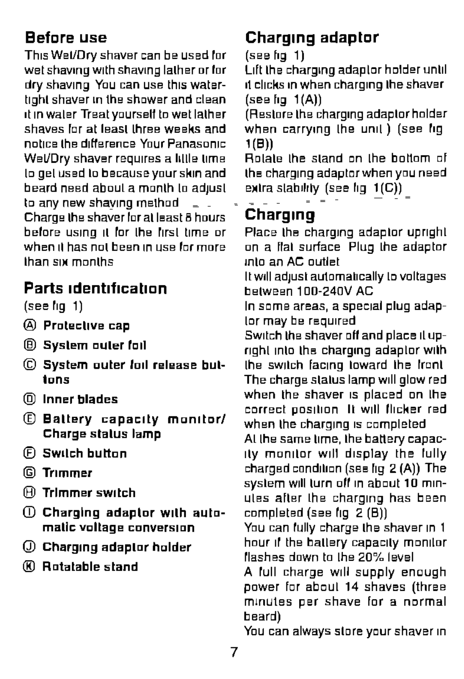 Before use, Parts identification, Charging adaptor | Charging, 1(b)) | Panasonic Wet/Dry Rechargeable Shaver ES8056 User Manual | Page 7 / 17