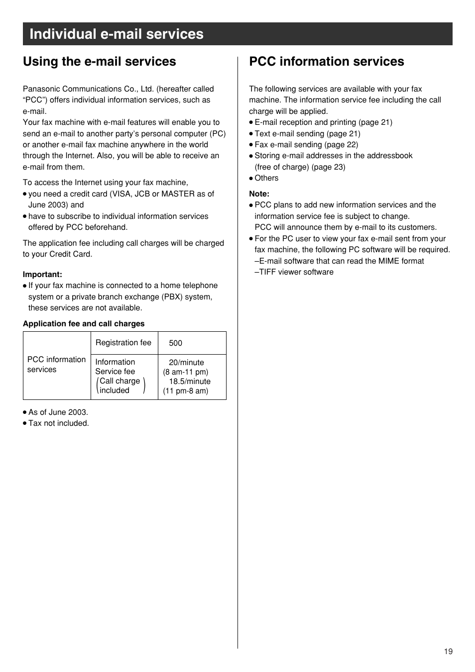 Individual e-mail services, Using the e-mail services, Pcc information services | Panasonic KX-PW601DL User Manual | Page 19 / 24