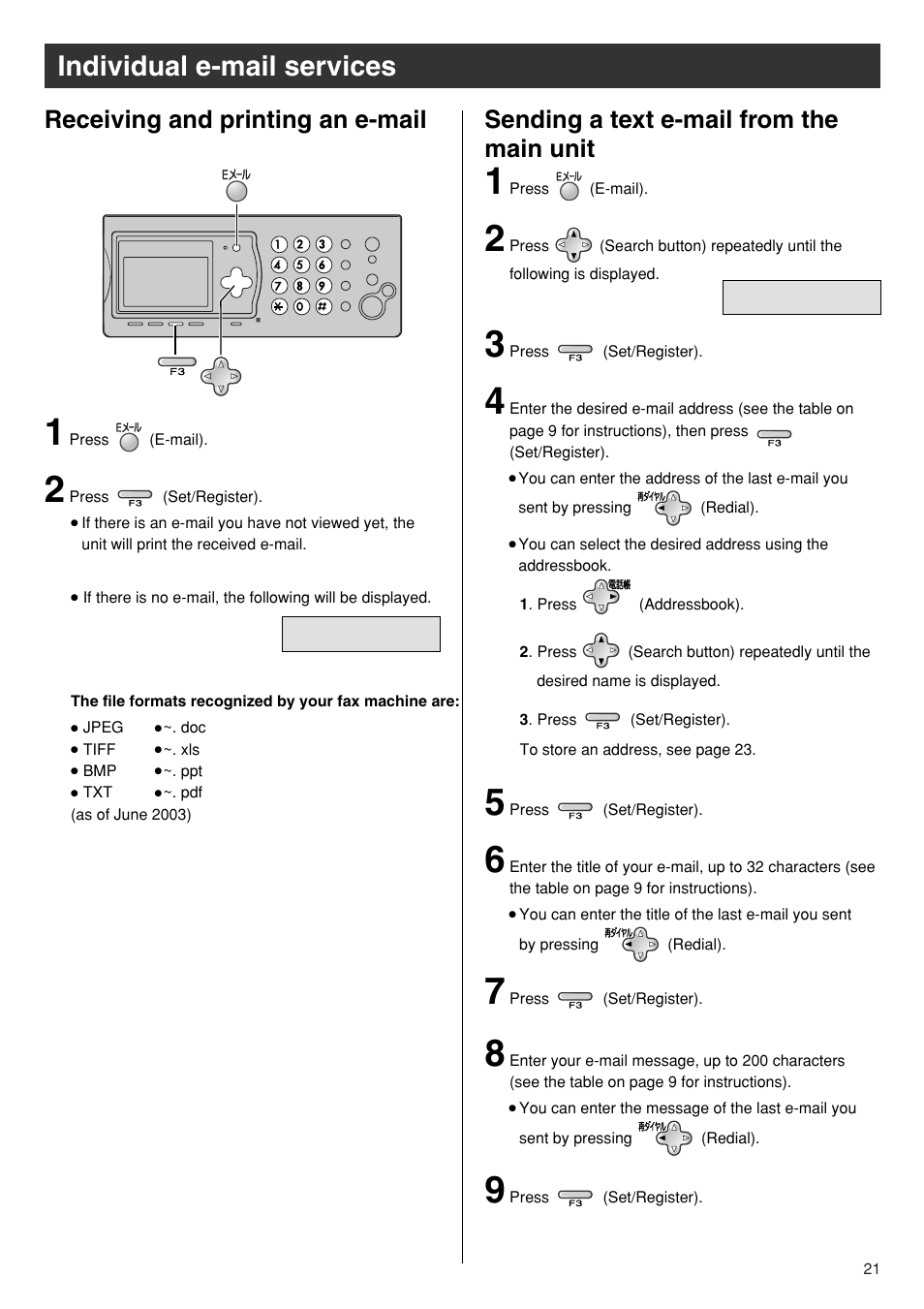 Individual e-mail services, Sending a text e-mail from the main unit, Receiving and printing an e-mail | Panasonic KX-PW601DL User Manual | Page 21 / 24