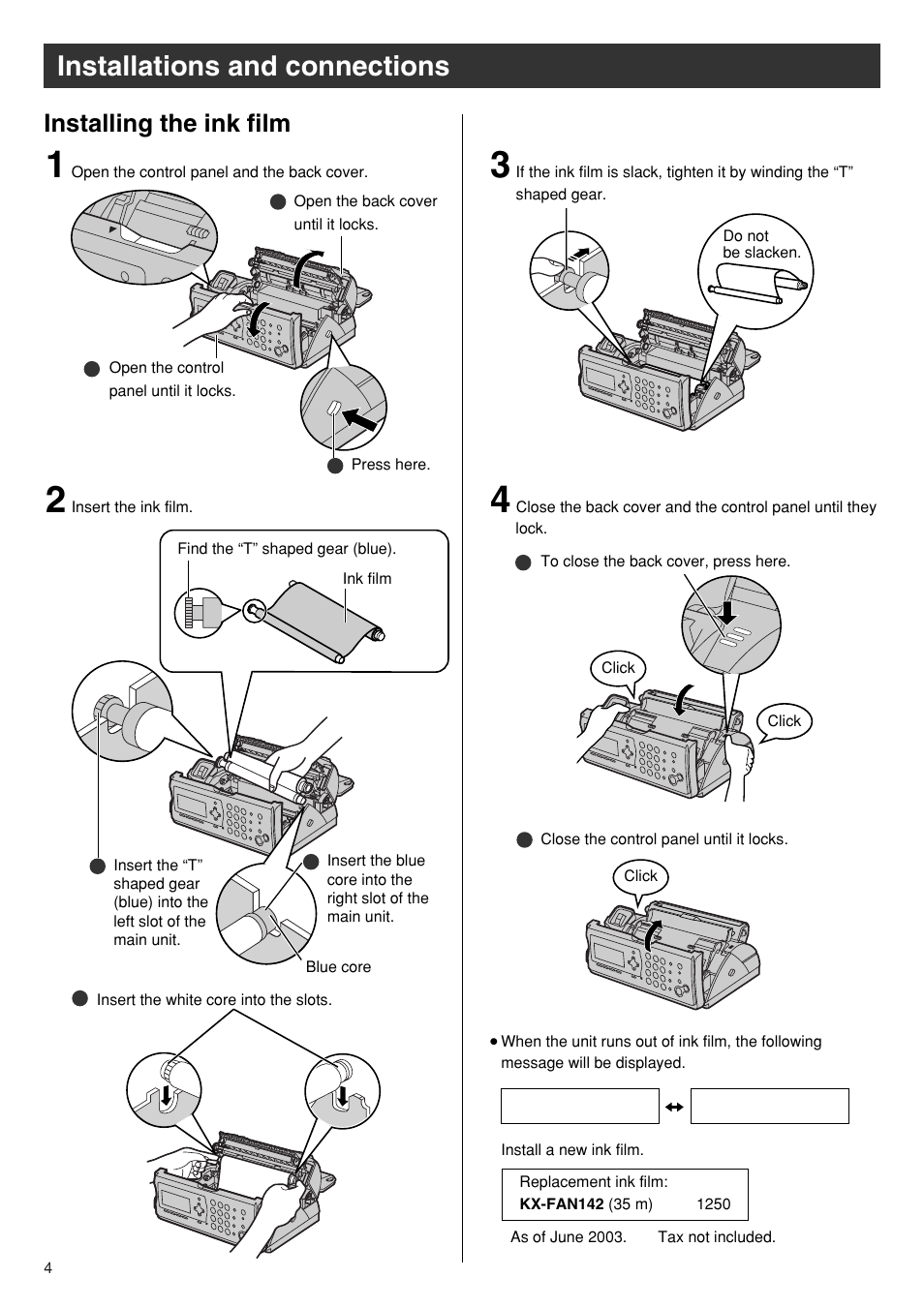 Installations and connections, Installing the ink film | Panasonic KX-PW601DL User Manual | Page 4 / 24