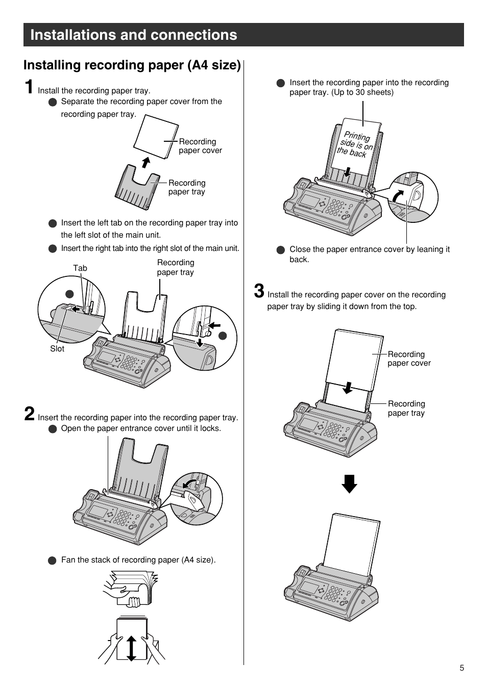 Installations and connections, Installing recording paper (a4 size) | Panasonic KX-PW601DL User Manual | Page 5 / 24