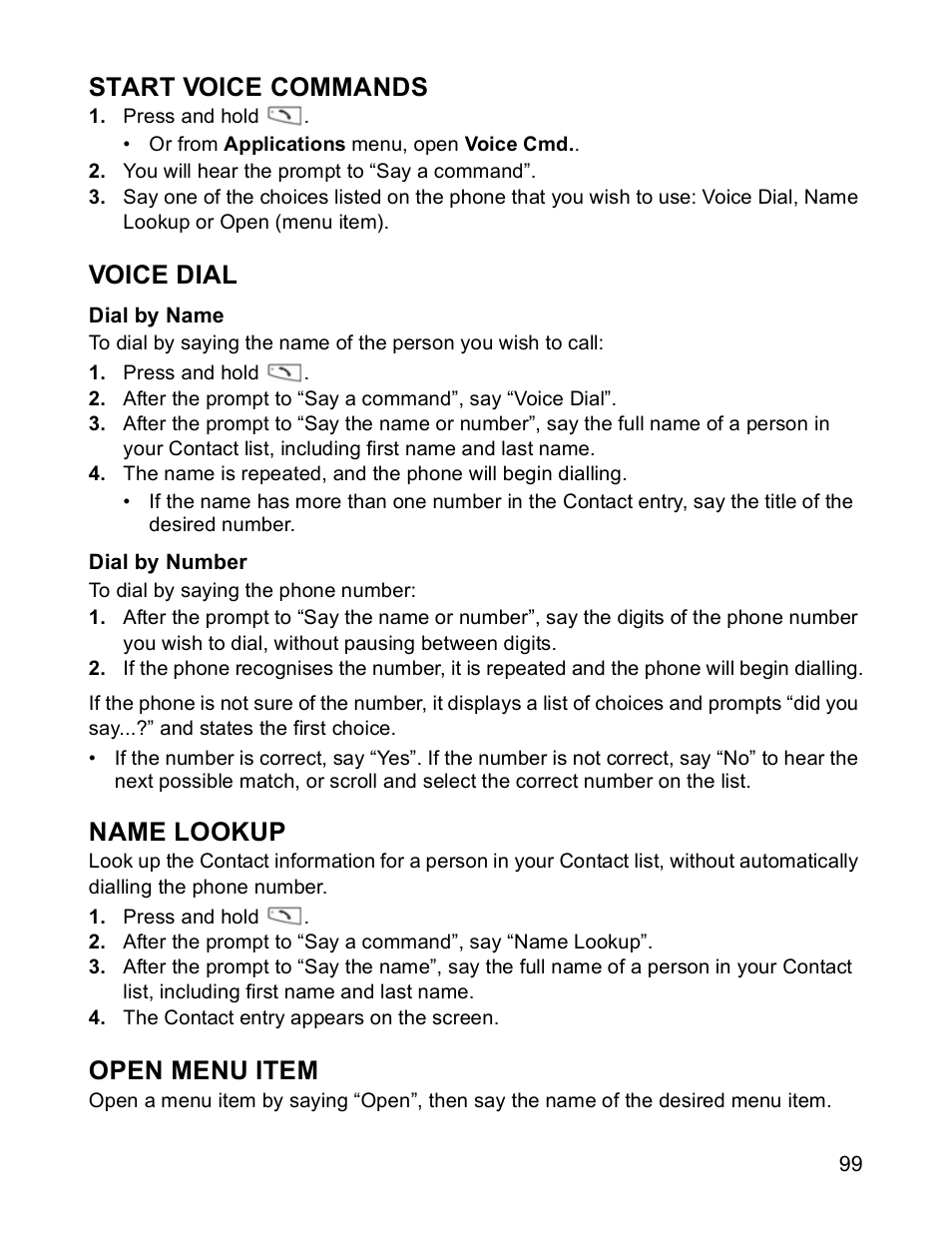 Start voice commands, Voice dial, Name lookup | Open menu item | Panasonic X701 User Manual | Page 101 / 154