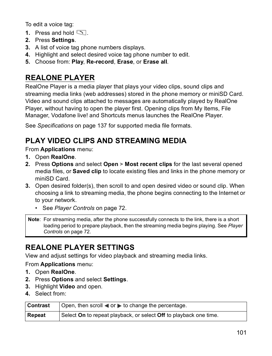 Play video clips and streaming media, Realone player settings, Realone player | Panasonic X701 User Manual | Page 103 / 154