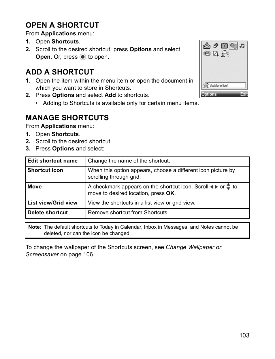 Open a shortcut, Add a shortcut, Manage shortcuts | Panasonic X701 User Manual | Page 105 / 154