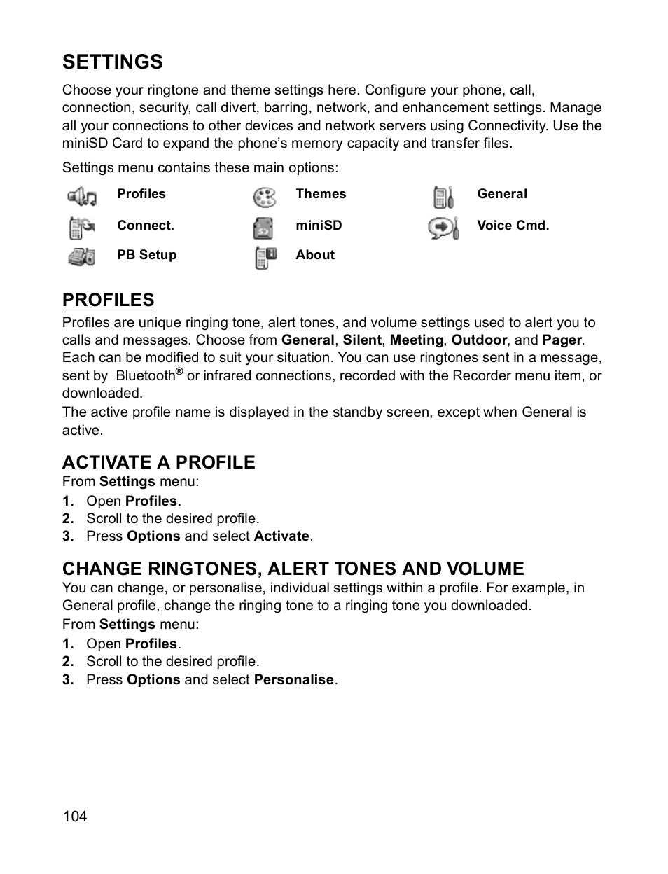 Settings, Activate a profile, Change ringtones, alert tones and volume | Profiles | Panasonic X701 User Manual | Page 106 / 154