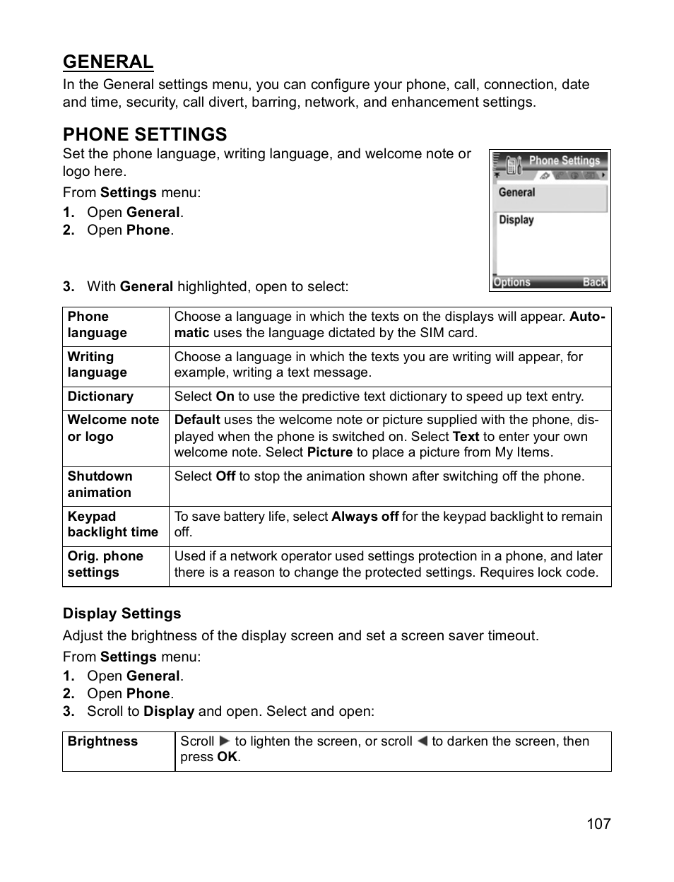 Phone settings, General | Panasonic X701 User Manual | Page 109 / 154