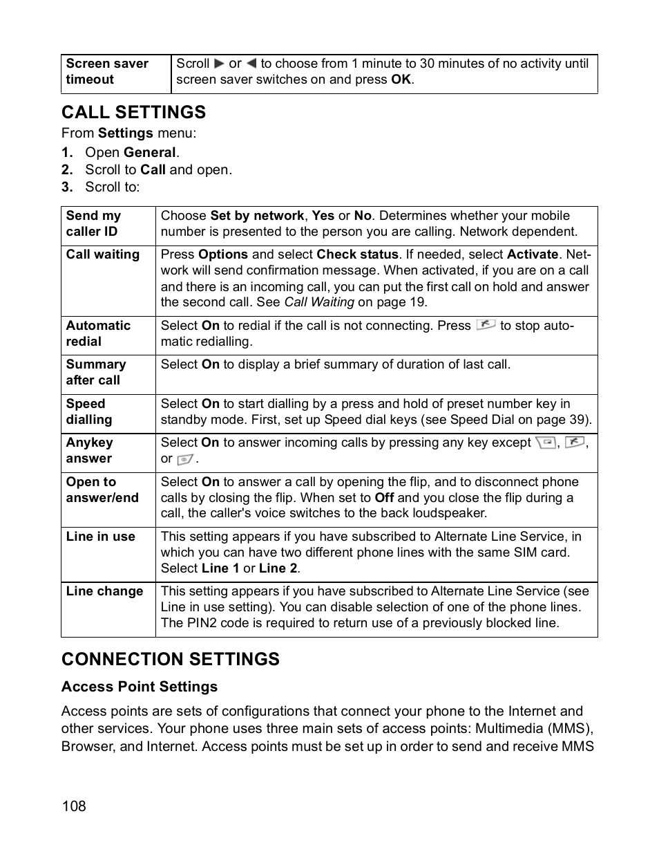 Call settings, Connection settings | Panasonic X701 User Manual | Page 110 / 154