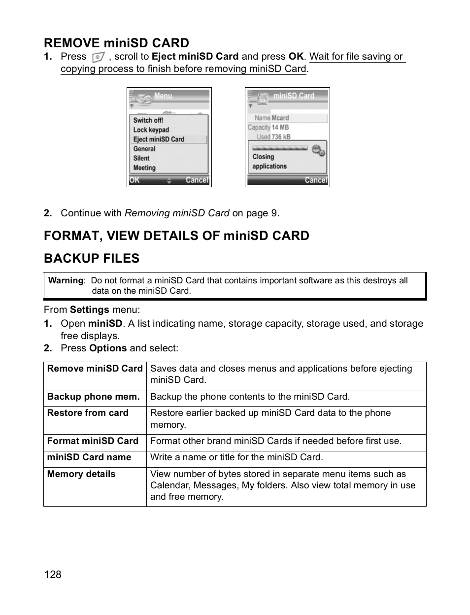 Remove minisd card, Format, view details of minisd card, Backup files | Format, view details of minisd card backup files | Panasonic X701 User Manual | Page 130 / 154