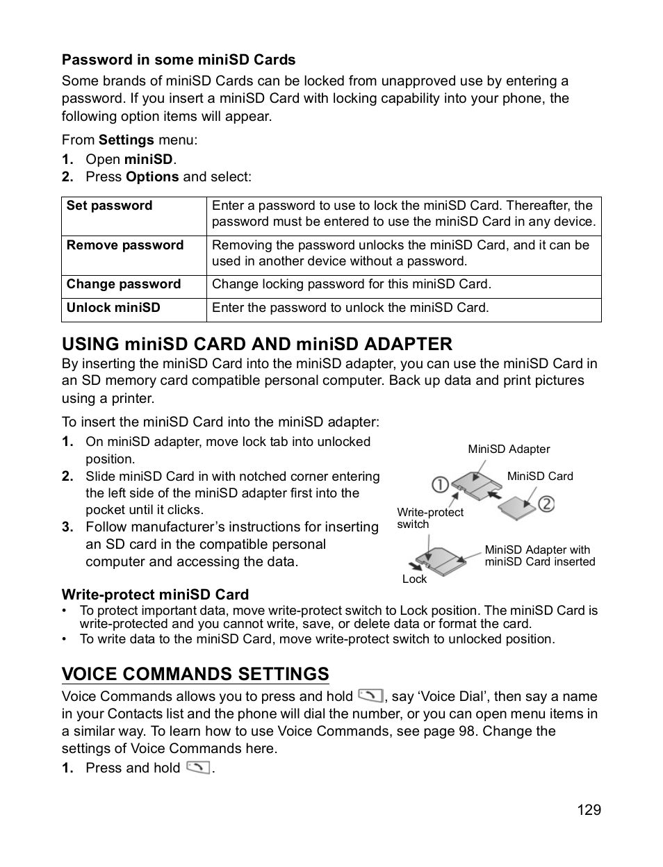 Using minisd card and minisd adapter, Voice commands settings | Panasonic X701 User Manual | Page 131 / 154