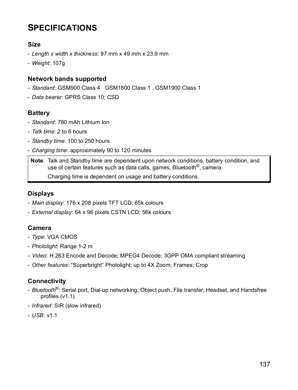 Specifications, Pecifications | Panasonic X701 User Manual | Page 139 / 154