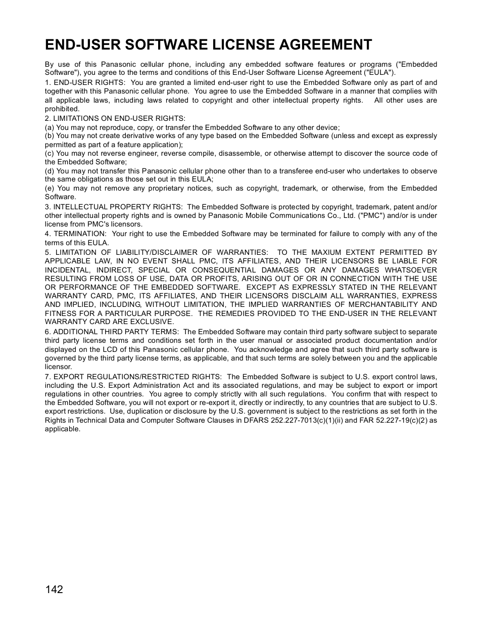 End-user software license agreement | Panasonic X701 User Manual | Page 144 / 154